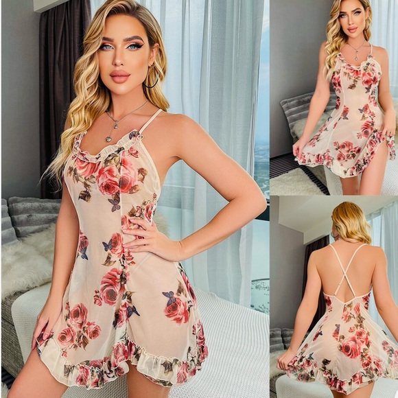 unknown Other - Floral Sheer Chemise with Ruffle Trim